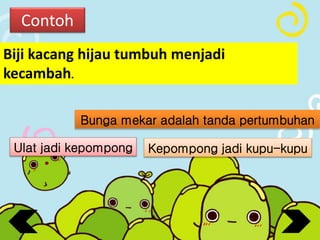 Biji kacang hijau tumbuh menjadi
kecambah.
Contoh
Bunga mekar adalah tanda pertumbuhan
Ulat jadi kepompong Kepompong jadi kupu-kupu
 