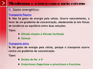II. Gasto energético:
Transporte Passivo
 Não há gasto de energia pela célula. Ocorre naturalmente, a
favor de um gradiente de concentração, obedecendo às leis físicas
de tendência ao equilíbrio entre duas soluções.
Tipos:
 Difusão simples e Difusão facilitada
 Osmose
Transporte Ativo
 Há gasto de energia pela célula, porque o transporte ocorre
contra um gradiente de concentração.
Tipos:
 Bomba de Na+
e K+
 Endocitoses (fagocitose e pinocitose) e Exocitose
Membranas e a troca como meio externo
 