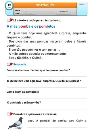 Data : / /
INFORMAÇÃO :
Nome :
PORTUGUÊS
1º
ANO
RUBRICA :
Lê o texto e copia para o teu caderno.
O Quim teve hoje uma agradável surpresa, enquanto
limpava o pombal.
Dos ovos das suas pombas nasceram belos e frágeis
pombitos.
Eram tão pequeninos e sem penas!...
A mãe pomba aquecia-os amorosamente.
Ficou tão feliz, o Quim!...
Descobre as palavras e escreve-as.
A mãe pomba e os pombitos
Como se chama o menino que limpava o pombal?
O Quim teve uma agradável surpresa. Qual foi a surpresa?
voou A pombal. do pomba para Quim o
Responde.
Como eram os pombitos?
O que fazia a mãe pomba?
 