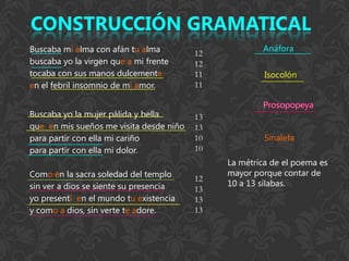 Buscaba mi alma con afán tu alma                      Anáfora
                                         12
buscaba yo la virgen que a mi frente     12
tocaba con sus manos dulcemente          11            Isocolón
en el febril insomnio de mi amor.        11


Buscaba yo la mujer pálida y bella       13
que en mis sueños me visita desde niño   13
para partir con ella mi cariño           10            Sinalefa
para partir con ella mi dolor.           10
                                              La métrica de el poema es
Como en la sacra soledad del templo           mayor porque contar de
                                         12
sin ver a dios se siente su presencia         10 a 13 sílabas.
                                         13
yo presentí en el mundo tu existencia    13
y como a dios, sin verte te adore.       13
 