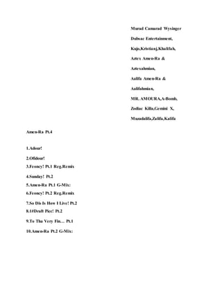 Murad Camarad Wysinger
Dubsac Entertainment,
Kujo,Kristianj,Khalifah,
Aztex Amen-Ra &
Aztexahmian,
Aalifa Amen-Ra &
Aalifahmian,
MR. AMOURA,A-Bomb,
Zodiac Killa,Gemini X,
Muzadalifa,Zalifa,Kalifa
Amen-Ra Pt.4
1.Adour!
2.Ofidour!
3.Feoncy! Pt.1 Reg.Remix
4.Sunday! Pt.2
5.Amen-Ra Pt.1 G-Mix:
6.Feoncy! Pt.2 Reg.Remix
7.So Dis Is How I Live! Pt.2
8.1#Draft Picc! Pt.2
9.To Tha Very Fin… Pt.1
10.Amen-Ra Pt.2 G-Mix:
 