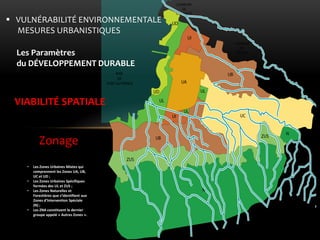 Les Paramètres 
du DÉVELOPPEMENT DURABLE 
VULNÉRABILITÉ ENVIRONNEMENTALE MESURES URBANISTIQUES 
Zonage 
•Les Zones Urbaines Mixtes qui comprennent les Zones UA, UB, UC et UD ; 
•Les Zones Urbaines Spécifiques formées des UL et ZUS ; 
•Les Zones Naturelles et Forestières que s’identifient aux Zones d’Intervention Spéciale (N) ; 
•Les ZNA constituent le dernier groupe appelé « Autres Zones ». 
VIABILITÉ SPATIALE  
