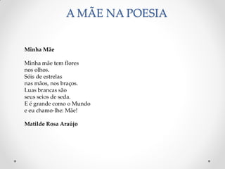 A MÃE NA POESIA
Minha Mãe
Minha mãe tem flores
nos olhos.
Sóis de estrelas
nas mãos, nos braços.
Luas brancas são
seus seios de seda.
E é grande como o Mundo
e eu chamo-lhe: Mãe!
Matilde Rosa Araújo
 