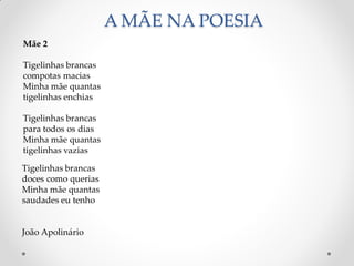 A MÃE NA POESIA
Tigelinhas brancas
doces como querias
Minha mãe quantas
saudades eu tenho
João Apolinário
Mãe 2
Tigelinhas brancas
compotas macias
Minha mãe quantas
tigelinhas enchias
Tigelinhas brancas
para todos os dias
Minha mãe quantas
tigelinhas vazias
 