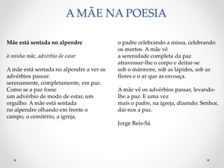A MÃE NA POESIA
o padre celebrando a missa, celebrando
os mortos. A mãe vê
a serenidade completa da paz
atravessar-lhe o corpo e deitar-se
sob o mármore, sob as lápides, sob as
flores e o ar que as esvoaça.
A mãe vê os advérbios passar, levando-
lhe a paz. E uma vez
mais o padre, na igreja, dizendo: Senhor,
dai-nos a paz.
Jorge Reis-Sá
Mãe está sentada no alpendre
à minha mãe, advérbio de estar
A mãe está sentada no alpendre a ver os
advérbios passar:
serenamente, completamente, em paz.
Como se a paz fosse
um advérbio de modo de estar, um
orgulho. A mãe está sentada
no alpendre olhando em frente o
campo, o cemitério, a igreja,
 