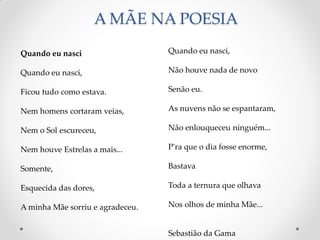 A MÃE NA POESIA
Quando eu nasci,
Não houve nada de novo
Senão eu.
As nuvens não se espantaram,
Não enlouqueceu ninguém...
P'ra que o dia fosse enorme,
Bastava
Toda a ternura que olhava
Nos olhos de minha Mãe...
Sebastião da Gama
Quando eu nasci
Quando eu nasci,
Ficou tudo como estava.
Nem homens cortaram veias,
Nem o Sol escureceu,
Nem houve Estrelas a mais...
Somente,
Esquecida das dores,
A minha Mãe sorriu e agradeceu.
 