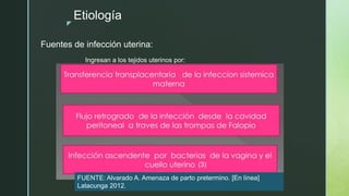 z
Etiología
Fuentes de infección uterina:
Ingresan a los tejidos uterinos por:
(3)
FUENTE: Alvarado A. Amenaza de parto pretermino. [En línea]
Latacunga 2012.
 