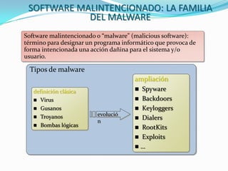 SOFTWARE MALINTENCIONADO: LA FAMILIA
            DEL MALWARE
Software malintencionado o “malware” (malicious software):
término para designar un programa informático que provoca de
forma intencionada una acción dañina para el sistema y/o
usuario.

 Tipos de malware
                                      ampliación
   definición clásica                  Spyware
    Virus                             Backdoors
    Gusanos                           Keyloggers
    Troyanos
                         evolució
                                       Dialers
                         n
    Bombas lógicas
                                       RootKits
                                       Exploits
                                      …
 