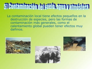 La contaminación local tiene efectos pequeños en la destrucción de especies, pero las formas de contaminación más generales, como el calentamiento global pueden tener efectos muy dañinos.  5) Contaminación del suelo, agua y atmósfera 