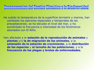Ha subido la temperatura de la superficie terrestre y marina, han cambiado los patrones espaciales y temporales de las precipitaciones; se ha elevado el nivel del mar, y ha aumentado la frecuencia e intensidad de los fenómenos asociados con El Niño.  Han afectado a la  estación de la reproducción de animales  y  plantas  y/o  la de migración de los animales , a la  extensión de la estación de crecimiento , a la  distribución de las especies  y  el tamaño de las poblaciones , y a la  frecuencia de las plagas y brotes de enfermedades.   Consecuencias del Cambio Climático a la Biodiversidad 
