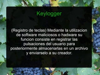 Keylogger

(Registro de teclas) Mediante la utilizacion
   de software maliciosos o hadware su
     funcion consiste en registrar las
       pulsaciones del usuario para
posteriormente almacenarlas en un archivo
         y enviarselo a su creador.
 
