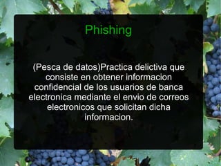 Phishing

 (Pesca de datos)Practica delictiva que
    consiste en obtener informacion
 confidencial de los usuarios de banca
electronica mediante el envio de correos
     electronicos que solicitan dicha
               informacion.
 