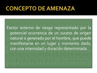 Factor externo de riesgo representado por la
potencial ocurrencia de un suceso de origen
natural o generado por el hombre, que puede
manifestarse en un lugar y momento dado,
con una intensidad y duración determinada.
 