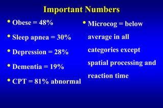 Important Numbers
• Obese = 48%        • Microcog = below
• Sleep apnea = 30%    average in all

• Depression = 28%     categories except

• Dementia = 19%       spatial processing and
                       reaction time
• CPT = 81% abnormal
 