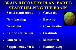 BRAIN RECOVERY PLAN: PART B
  START HELPING THE BRAIN
   Social connections       Green tea

   New learning             Exercise

   Great diet               Coordination

   Calorie restriction      Gratitude

   Omega 3s                 Meditation

   Supplements, Vit D       Healthy sleep
 