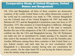 Comparative Study of United Kingdom, United
States and Bangladesh
UK, USA and Bangladesh, all three of these countries are democratic
countries of the world, United States is the oldest democratic country of
the world and its constitution was made in 1789, whereas Bangladesh
was the Colonial state of the United Kingdom till 1947 and under the
Pakistan till 1971 and the Bangladesh Constitution came into force in 16th
December, 1972. But situation in United Kingdom is different. Although,
UK is the democratic country but the head of the state is monarch.
Besides this one of the uniqueness of the UK’s constitution is that it’s not
codified one like the USA and Bangladesh having. The UK Parliament
can make any law or amendment by simply passing it by majority and
then send to the monarch for his assent, which is just the formality part.
Another difference among these three countries is that United State is a
true federal country and each state has its own constitution while
Bangladesh is a democratic country having only one constitution for
whole country. On the other hand UK is not having the federal structure;
it has the unitary setup of government.
 