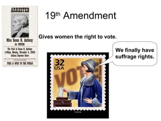 19th
Amendment
Gives women the right to vote.
We finally have
suffrage rights.
 