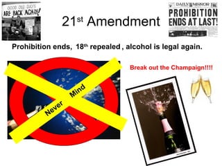 21st
Amendment
Prohibition ends, , alcohol is legal again.
Never
M
ind
Break out the Champaign!!!!
18th
repealed
 