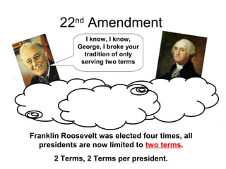 22nd
Amendment
I know, I know,
George, I broke your
tradition of only
serving two terms
Franklin Roosevelt was elected four times, all
presidents are now limited to two terms.
2 Terms, 2 Terms per president.
 