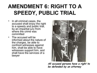 AMENDMENT 6: RIGHT TO A
SPEEDY, PUBLIC TRIAL
• In all criminal cases, the
accused shall enjoy the right
to a speedy and public trial,
by an impartial jury from
where the crime was
committed
• The accused will be
informed about the nature of
the charges, be able to
confront witnesses against
him, shall be able to have
witnesses support him, and
shall have the services of a
lawyer
All accused persons have a right to
be defended by an attorney
 