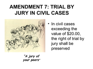 AMENDMENT 7: TRIAL BY
JURY IN CIVIL CASES
• In civil cases
exceeding the
value of $20.00,
the right of trial by
jury shall be
preserved
“A jury of
your peers”
 