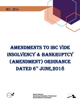 Alok K Saksena
Insolvency Resolution Professional
Desai Saksena & Associates
amendments TO IBC VIDE
INSOLVENCY & BANKRUPTCY
(AMENDMENT) ORDINANCE
DATED 6TH
JUNE,2018
IBC, 2016
 