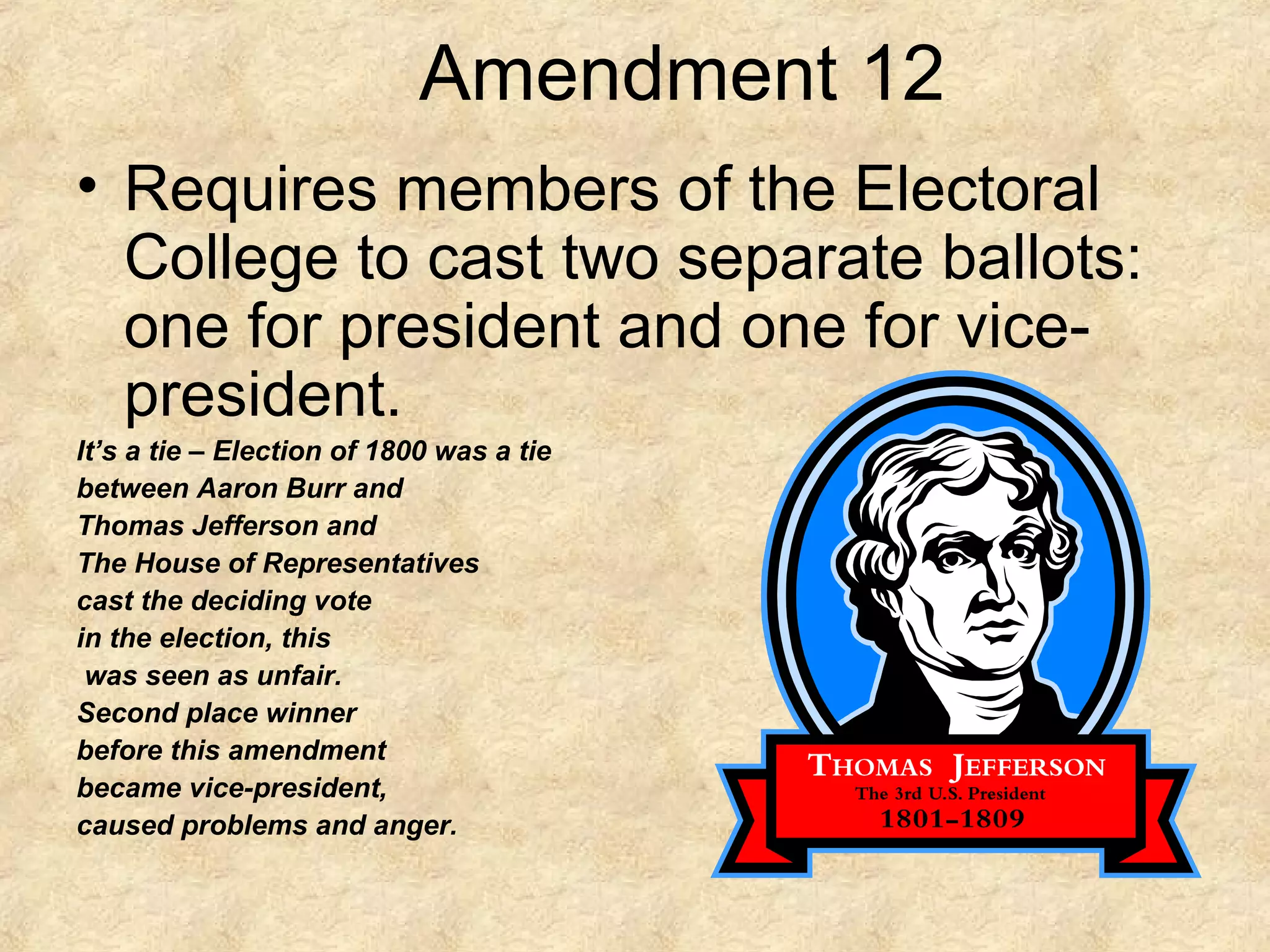 Amendment 12
• Requires members of the Electoral
College to cast two separate ballots:
one for president and one for vicepresident.
It’s a tie – Election of 1800 was a tie
between Aaron Burr and
Thomas Jefferson and
The House of Representatives
cast the deciding vote
in the election, this
was seen as unfair.
Second place winner
before this amendment
became vice-president,
caused problems and anger.

 