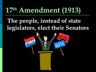 17 th  Amendment (1913) The people, instead of state legislators, elect their Senators 