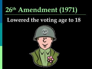26 th  Amendment (1971) Lowered the voting age to 18 