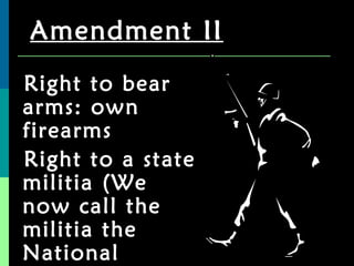 Amendment II Right to bear arms: own firearms Right to a state militia (We now call the militia the National Guard) 