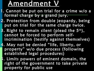 Amendment V 1. Cannot be put on trial for a crime w/o a formal charge by a grand jury. 2. Protection from double jeopardy, being put on trial for the same charge twice. 3. Right to remain silent (plead the 5 th ), cannot be forced to perform self-incrimination (testify against themselves) 4. May not be denied “life, liberty, or property” w/o due process (following established legal procedures) 5. Limits powers of eminent domain, the right of the government to take private property for public use 