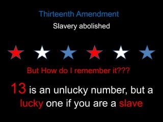 Thirteenth Amendment
Slavery abolished

But How do I remember it???

13 is an unlucky number, but a
lucky one if you are a slave

 
