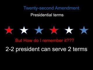 Twenty-second Amendment
Presidential terms

But How do I remember it???

2-2 president can serve 2 terms

 