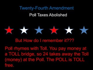 Twenty-Fourth Amendment
Poll Taxes Abolished

But How do I remember it???

Poll rhymes with Toll. You pay money at
a TOLL bridge, so 24 takes away the Toll
(money) at the Poll. The POLL is TOLL
free.

 