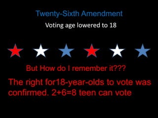 Twenty-Sixth Amendment
Voting age lowered to 18)

But How do I remember it???

The right for18-year-olds to vote was
confirmed. 2+6=8 teen can vote

 