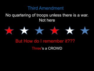 Third Amendment
No quartering of troops unless there is a war.
Not here

But How do I remember it???
Three’s a CROWD

 