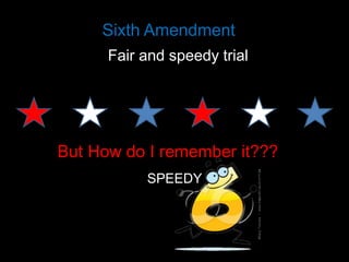 Sixth Amendment
Fair and speedy trial

But How do I remember it???
SPEEDY

 