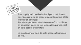 Pour appliquer la méthode des 5 pourquoi, il n’est
pas nécessaire de se poser systématiquement 5 fois
la question pourquoi.
Parfois on peut remonter à la source d’un problème
en se posant moins de fois la question, parfois c’est
en se la posant plus de fois.
Le plus important c’est de se la poser suffisamment
de fois.
11
 