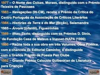 1977 – O Nome das Coisas, Moraes, distinguido com o Prémio
Teixeira de Pascoaes
1983 – Navegações (IN-CM), recebe o Prémio da Crítica do
Centro Português da Associação de Críticos Literários
1984 – Histórias da Terra e do Mar (ficção), Salamandra
1985 – Árvore (infantil), Figueirinhas
1989 – Ilhas, Texto, distinguido com os Prémios D. Dinis,
da Fundação Casa de Mateus e Inasset-INAPA (1990)
1990 – Reúne toda a sua obra em três Volumes, Obra Poética,
com a chancela da Editorial Caminho; é distinguida
com o Grande Prémio de Poesia Pen Clube
1992 – Grande Prémio Calouste Gulbenkian de Literatura
para Crianças
 