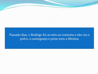 Passado dias, o Rodrigo foi ao sitio ao costume e não viu o polvo, o caranguejo,o peixe nem a Menina