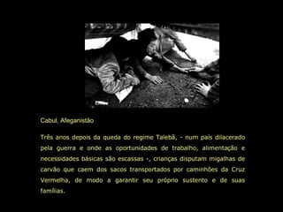 Cabul, Afeganistão Três anos depois da queda do regime Talebã, - num país dilacerado pela guerra e onde as oportunidades de trabalho, alimentação e necessidades básicas são escassas -, crianças disputam migalhas de carvão que caem dos sacos transportados por caminhões da Cruz Vermelha, de modo a garantir seu próprio sustento e de suas famílias.   
