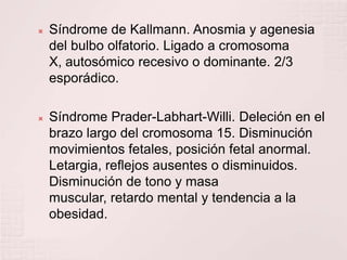 Síndrome de Kallmann. Anosmia y agenesia del bulbo olfatorio. Ligado a cromosoma X, autosómico recesivo o dominante. 2/3 esporádico.Síndrome Prader-Labhart-Willi. Deleción en el brazo largo del cromosoma 15. Disminución movimientos fetales, posición fetal anormal. Letargia, reflejos ausentes o disminuidos. Disminución de tono y masa muscular, retardo mental y tendencia a la obesidad.
