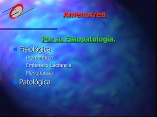 Por su Fisiopatología. Fisiológica Premenarca Embarazo-Lactancia Menopausia Patológica Amenorrea 