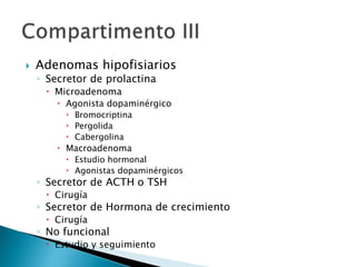  Adenomas hipofisiarios
◦ Secretor de prolactina
 Microadenoma
 Agonista dopaminérgico
 Bromocriptina
 Pergolida
 Cabergolina
 Macroadenoma
 Estudio hormonal
 Agonistas dopaminérgicos
◦ Secretor de ACTH o TSH
 Cirugía
◦ Secretor de Hormona de crecimiento
 Cirugía
◦ No funcional
 Estudio y seguimiento
 