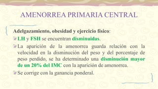 AMENORREA PRIMARIA CENTRAL
Adelgazamiento, obesidad y ejercicio físico:
LH y FSH se encuentran disminuidas.
La aparición de la amenorrea guarda relación con la
velocidad en la disminución del peso y del porcentaje de
peso perdido, se ha determinado una disminución mayor
de un 20% del IMC con la aparición de amenorrea.
Se corrige con la ganancia ponderal.
 