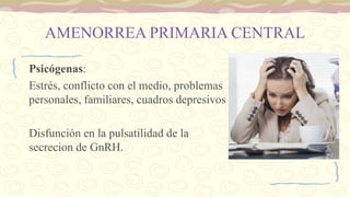 AMENORREA PRIMARIA CENTRAL
Psicógenas:
Estrés, conflicto con el medio, problemas
personales, familiares, cuadros depresivos
Disfunción en la pulsatilidad de la
secrecion de GnRH.
 