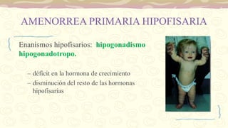 AMENORREA PRIMARIA HIPOFISARIA
Enanismos hipofisarios: hipogonadismo
hipogonadotropo.
– déficit en la hormona de crecimiento
– disminución del resto de las hormonas
hipofisarias
 