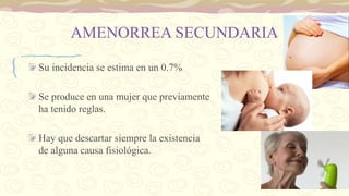 AMENORREA SECUNDARIA
Su incidencia se estima en un 0.7%
Se produce en una mujer que previamente
ha tenido reglas.
Hay que descartar siempre la existencia
de alguna causa fisiológica.
 
