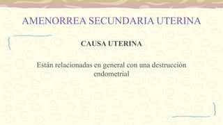 AMENORREA SECUNDARIA UTERINA
CAUSA UTERINA
Están relacionadas en general con una destrucción
endometrial
 