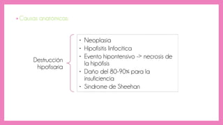 • Causas anatómicas:
Destrucción
hipofisaria
• Neoplasia
• Hipofisitis linfocítica
• Evento hipontensivo -> necrosis de
la hipófisis
• Daño del 80-90% para la
insuficiencia
• Síndrome de Sheehan
 